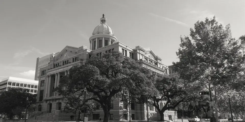 The domed 1910 Harris County Courthouse in downtown Houston, framed by live oaks