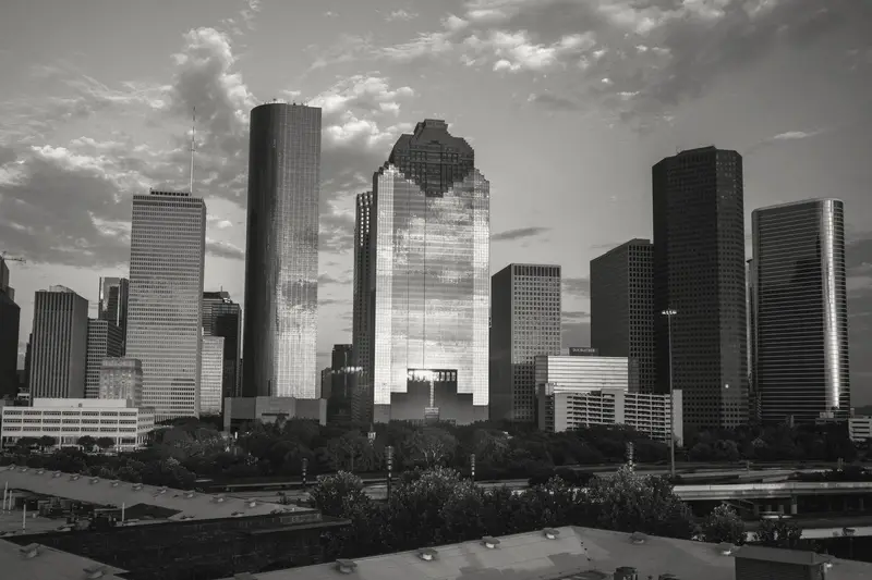 Downtown Houston skyscrapers at sunset