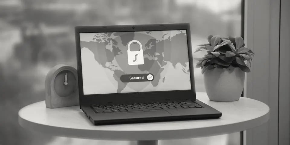 A laptop showing a padlock icon on a small round table