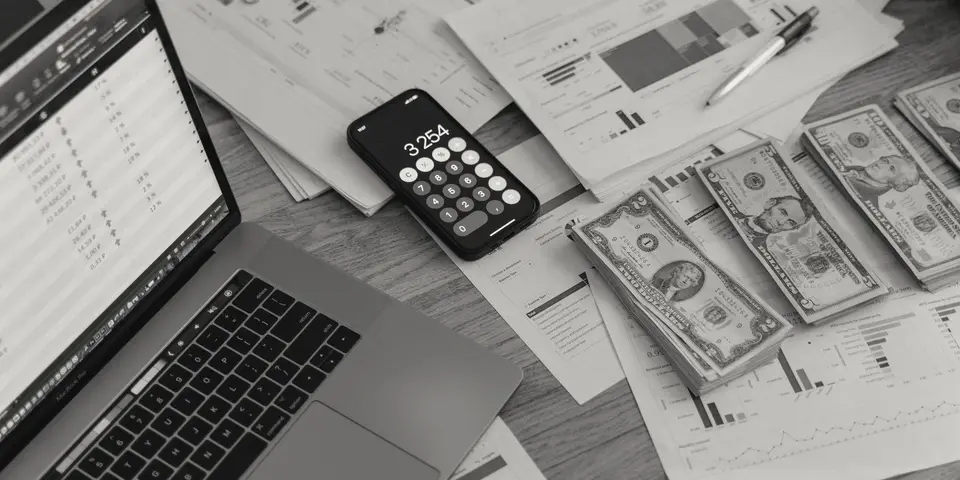 A laptop, a phone calculator, cash and financial papers on a desk